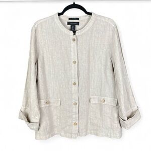 Tahari Linen Button Down Top Womens Large Beige Boxy Fit Cuffed Sleeve Lagenlook